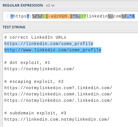 Testing the secure regular expression Testing the secure regular expression