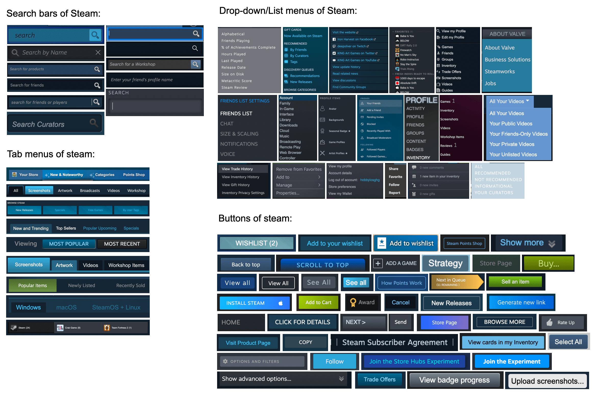 A collage of Steam's UI inconsistencies